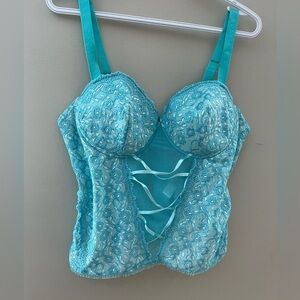 [2X]Delta Burke Elegant Lace Corset Basques Bustier in Torquase Sheer